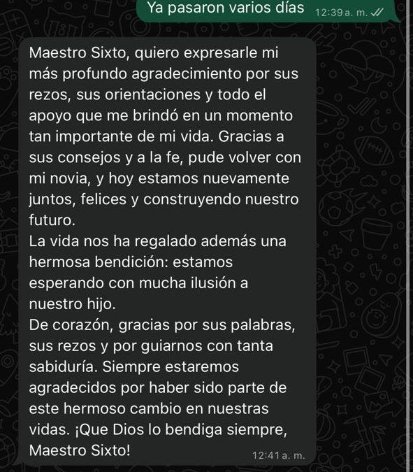Captura de conversación de WhatsApp: cliente agradece al Hermano Sixto por su orientación.