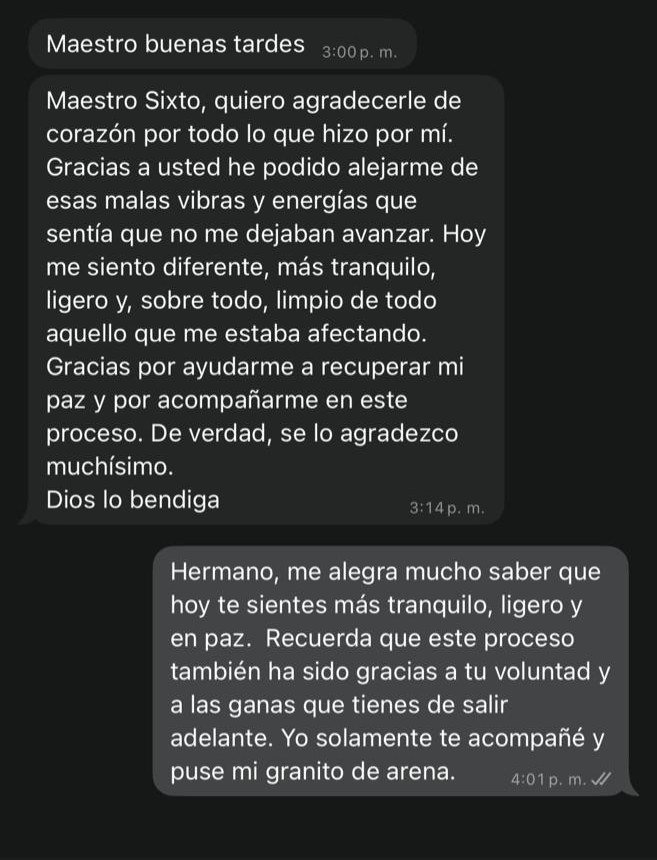 Captura de conversación de WhatsApp: cliente agradece por sentirse en paz y libre de malas energías.