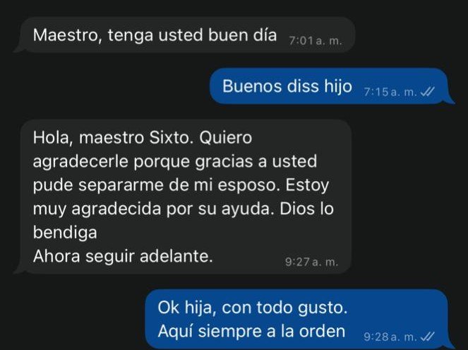 Captura de conversación de WhatsApp: cliente agradece por su ayuda tras separarse de su esposo.