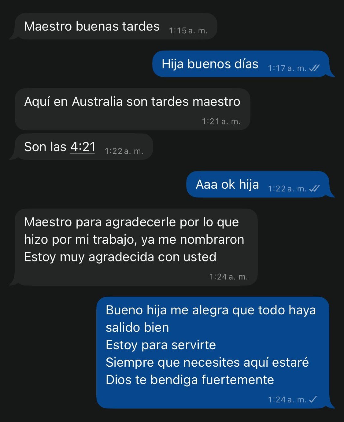 Captura de conversación de WhatsApp: cliente agradece por su nombramiento en el trabajo.